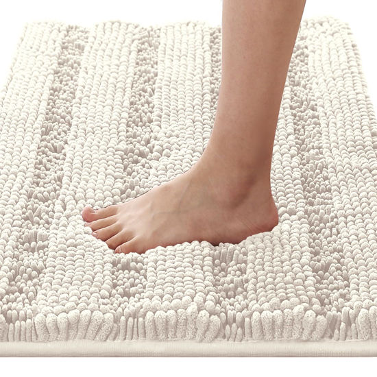 Picture of H.VERSAILTEX Bathroom Rugs Bath Rugs for Bathroom Non Slip Bath Mats Extra Thick Chenille Striped Rug 17" x 24" Absorbent Soft Shaggy Washable Dry Fast Bath Mats for Bathroom Floor - Ivory