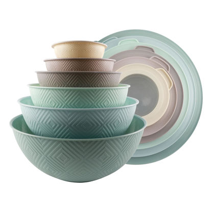 Picture of COOK WITH COLOR Mixing Bowls with Lids - 12 Piece Plastic Nesting Bowls Set includes 6 Prep Bowls and 6 Lids, Non Slip Bottom and Rhombus Design - Microwave Safe (Mint)