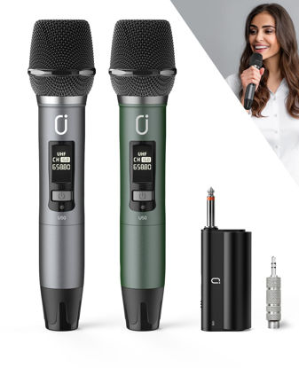 Picture of HWWR Wireless Microphones, Professional UHF Dual Microphones for Karaoke, Wireless Dynamic Microphone System Set with Rechargeable Receiver,Plug and Play, Speech, Wedding, Church, PA System