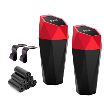 Picture of Ginsco Car Trash Can Cup Holder, 2 Pack Mini Car Trash Can with Lid, Car Accessories for Interior, Leakproof Small Trash Cup for Car, Home with Additional 2 ABS Hooks and 90pcs Trash Bags Red