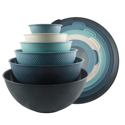 Picture of COOK WITH COLOR Mixing Bowls with Lids - 12 Piece Plastic Nesting Bowls Set includes 6 Prep Bowls and 6 Lids, Non Slip Bottom and Rhombus Design - Microwave Safe (Blue)