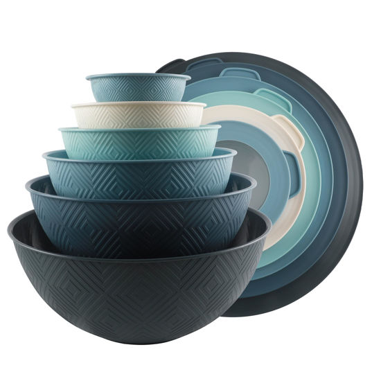 Picture of COOK WITH COLOR Mixing Bowls with Lids - 12 Piece Plastic Nesting Bowls Set includes 6 Prep Bowls and 6 Lids, Non Slip Bottom and Rhombus Design - Microwave Safe (Blue)