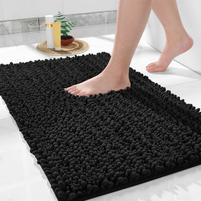 Picture of Yimobra Bath Rug Mat, 32 x 20, Soft Shaggy Non-Slip Chenille Bathroom Rugs, Large Size, Super Absorbent and Thick, Machine Washable Bathroom mat, Tub and Shower, Home Decor Accessories, Black