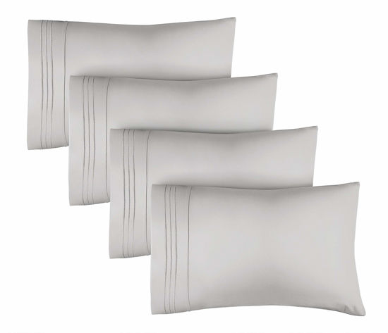 Picture of Queen Pillow Cases Set of 4 - Ultra Soft Hotel Quality Pillowcase Covers - Comfy Cozy Bedding for Women, Men, Kids & Teens - Machine Washable Pillow Protectors - 4 Pieces Set - Queen Size Light Grey