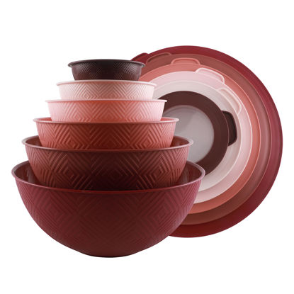 Picture of COOK WITH COLOR Mixing Bowls with Lids - 12 Piece Plastic Nesting Bowls Set includes 6 Prep Bowls and 6 Lids, Non Slip Bottom and Rhombus Design - Microwave Safe (Rose)