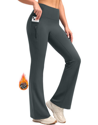 Picture of SANTINY Fleece Lined Flare Leggings Women 28.5/30.5/32 Water Resistant Winter Bell Bottom Hiking Yoga Pants with Pockets（Dark Grey_30.5M）