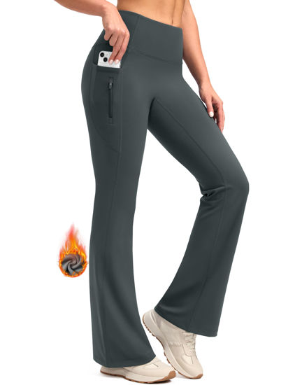 Picture of SANTINY Fleece Lined Flare Leggings Women 28.5/30.5/32 Water Resistant Winter Bell Bottom Hiking Yoga Pants with Pockets（Dark Grey_30.5M）