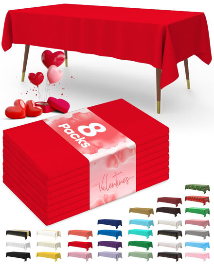 Picture of Pureegg Plastic Table Cloth Disposable - 8 Packs, Table Cloth for Valentine's Day, 54"x108" Decorative Tablecloth for Parties, Picnics, Camping, Waterproof & Stain-Resistant, Red