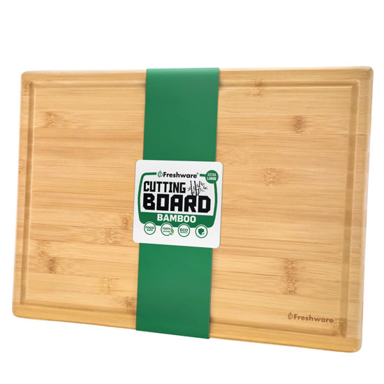 Picture of Bamboo Cutting Boards for Kitchen with Juice Groove [Extra-Large] Wood Cutting Board for Chopping Meat, Vegetables, Fruits, Cheese, Knife Friendly Serving Tray with Handles, 17.5 x 12-inch