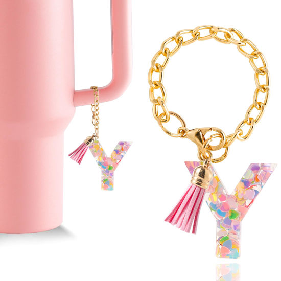 Picture of Letter Charm Accessories for Stanley Cup 1 PCS Cute Initial Keychain Handle Charm for Stanley Tumbler for Women Pink Letter Y
