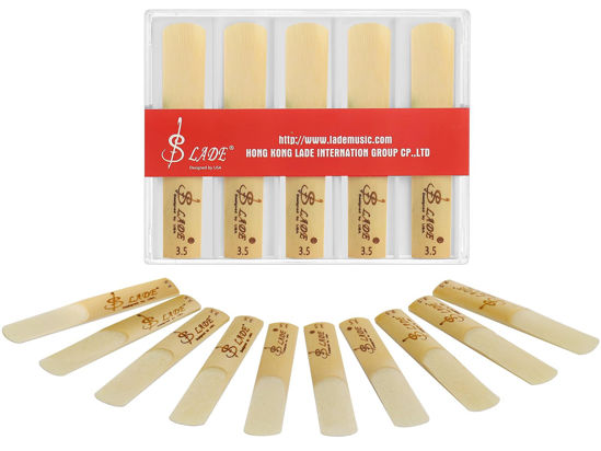 Picture of SUEWIO 10 Pack Bb Clarinet Reeds with Plastic Box, Strength 3.5 Reeds for Clarinet, Thinner Reed Tip & Unfiled Cut, Traditional Reeds for Clarinet Experienced Players