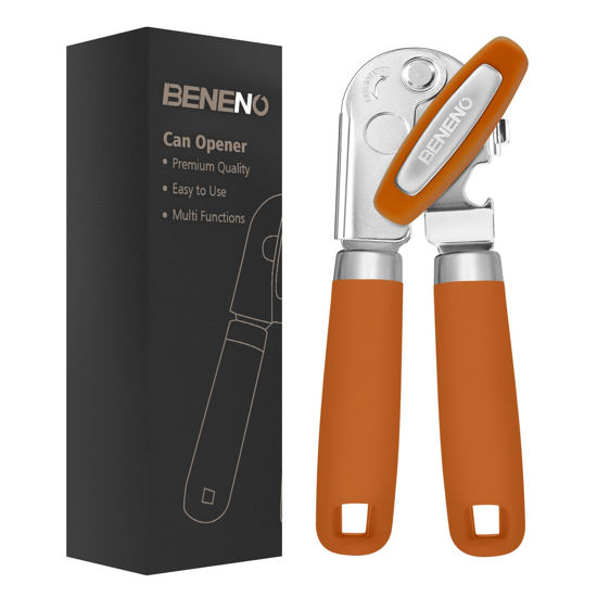 Picture of Can Opener Manual, Can Opener with Magnet, Hand Can Opener with Sharp Blade Smooth Edge, Handheld Can Openers with Big Effort-Saving Knob, Can Opener with Multifunctional Bottles Opener, Orange