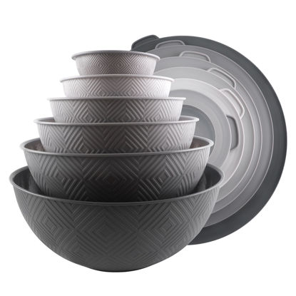 Picture of COOK WITH COLOR Mixing Bowls with Lids - 12 Piece Plastic Nesting Bowls Set includes 6 Prep Bowls and 6 Lids, Non Slip Bottom and Rhombus Design - Microwave Safe (Grey)