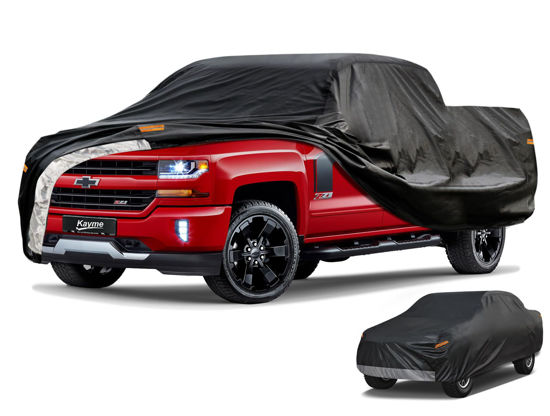 Picture of Kayme 7 Layers Truck Cover Waterproof All Weather, Universal Fit Chevy Silverado, GMC Sierra, Ford F150/F 150 Heavy Duty Outdoor Pickup Cover Snow Uv Sun Protection, (Length Up to 250 inch) XXL/Black.