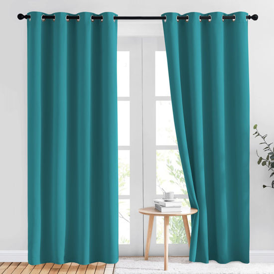 Picture of NICETOWN Peacock Teal Blackout Curtains 84inch Length 2 Panels Set - Chic Thermal Insulated Grommet Room Darkening Window Drapes for Bedroom/Living Room, W52 x L84