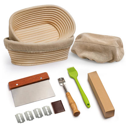 Picture of Rorecay Banneton Bread Proofing Baskets Set of 2, 10 Inch Oval Cane Sourdough Bread Rising Basket Bowls with Sourdough Bread Lame Dough Scraper Basting Brush for Sour Dough Proofing Fermentation