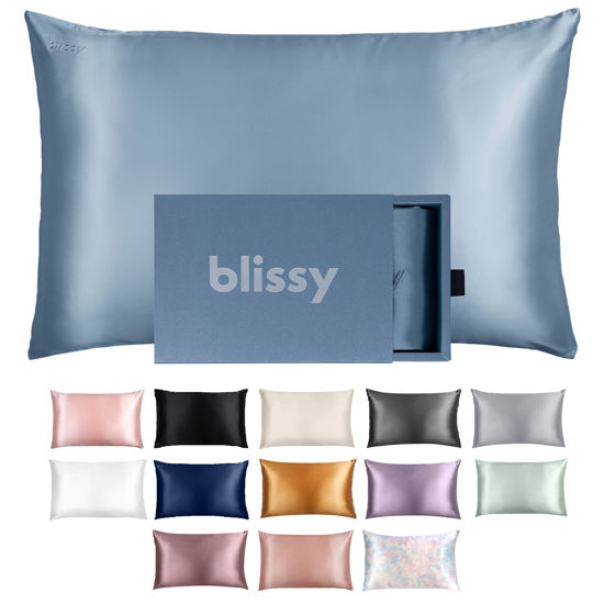 Picture of Blissy Silk Pillowcase - 100% Pure Mulberry Silk - 22 Momme 6A High-Grade Fibers - Silk Pillow Cover for Hair & Skin - Regular, Queen & King with Hidden Zipper (King, Ash Blue)