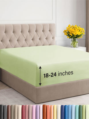 Picture of Extra Deep Queen Fitted Sheet - Hotel Luxury Single Fitted Sheet - Easily Fits 18 inch to 24 inch Mattress - Soft, Wrinkle Free, Breathable & Comfy Extra Deep Pockets Light Sage Green Fitted Sheet
