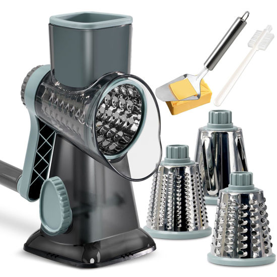 Picture of KEOUKE Rotary Cheese Grater with Handle Vegetable Cheese Shredder Slicer Grater for Kitchen 3 Changeable Blades for Cheese Potato Zucchini Nuts Chocolate - GreyBlue
