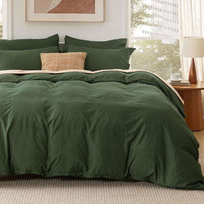 Picture of Bedsure Queen Duvet Cover Set with Fitted Sheet - Soft Double Brushed Olive Green Bedding Duvet Cover Set, 6 Pieces, Includes 1 Duvet Cover, 1 Fitted Sheet, 2 Pillow Shams,2 Pillowcases,NO Comforter