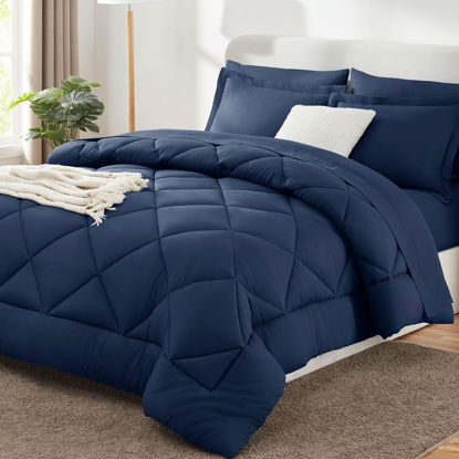 Picture of CozyLux California King Comforter Set with Sheets 7 Pieces Bed in a Bag Navy Cal King All Season Bedding Sets with Comforter, Pillow Shams, Flat Sheet, Fitted Sheet and Pillowcases