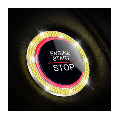 Picture of AUKEPO Car Bling Crystal Rhinestone Engine Start Ring Decals, 2 Pack Car Push Start Button Cover/Sticker, Key Ignition Knob Bling Ring, Sparkling Car Interior Accessories for Women (Yellow)