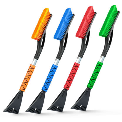 Picture of EcoNour 27" Aluminum Car Snow Scraper and Brush (Orange, Red, Green & Blue) | Weaved Bristle Head with Metal Body Ice Scraper for Car Windshield | Ice Scraper with Foam Grip Winter Accessory | 4 Pack