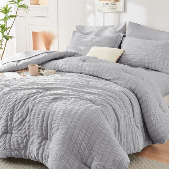 Picture of HYMOKEGE Light Grey Queen Comforter Set Seersucker 7 Pieces, All Season Luxury Bed in a Bag for Bedroom, Bedding Set with Comforters, Sheets, Pillowcases & Shams