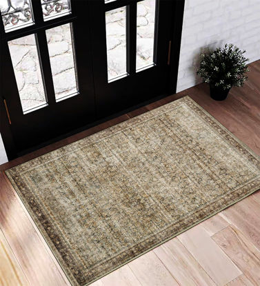 Picture of CHAMPLANT Area Rug 2x3 Washable Rug Door Mat Vintage Distressed Taupe Rug Doormat Indoor Entrance Traditional Thin Rug Floral Print Non Slip Carpet for Kitchen Bathroom Bedroom Living Room