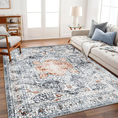 Picture of CHAMPLANT 5x7 Washable Thin Foldable Area Rug Gray Vintage Rug Traditional Floor Cover Retro Kitchen Indoor Distressed Non Slip Carpet Floral Print Mat Bedroom Living Room