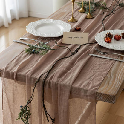Picture of Keketo Cheesecloth Table Runner Nude Gauze Rustic Boho Coffee Cheese Cloth 120 Inch 10 FT for Wedding Baby Shower Bridal Shower Birthday Party Long Sheer Farmhouse Home Decorations