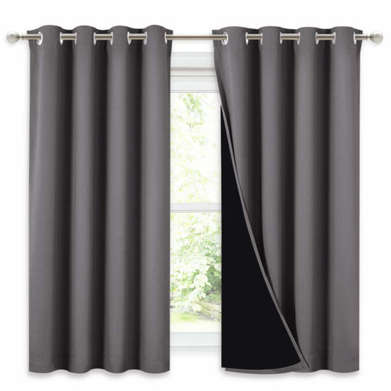 Picture of NICETOWN 100% Blackout Curtains with Black Liners, Thermal Insulated Full Blackout 2-Layer Lined Drapes, Noise Cancellation Window Draperies for Dining Room (Grey, 2 Panels, 52-inch W by 54-inch L)