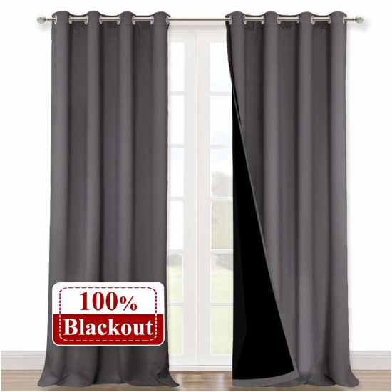 Picture of NICETOWN 100% Blackout Blinds, Set of 2, 52 inches x 120 inches, Laundry Room Decor Window Treatment Curtains for Large Patio Sliding Door, Thermal Insulated Grey Curtains for Bedroom