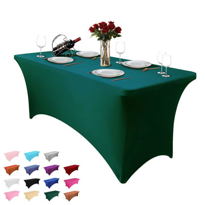 Picture of Hussome 8FT Table Cloth for Rectangle Table Green Tablecloth Rectangular Fitted Stretch Spandex Table Covers 8 ft for Birthday, Cocktail, Wedding, Banquet Spring Summer Outdoor Party