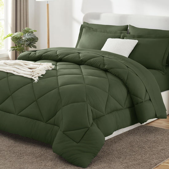 Picture of CozyLux Full Comforter Set with Sheets 7 Pieces Bed in a Bag Olive Green All Season Bedding Sets with Comforter, Pillow Shams, Flat Sheet, Fitted Sheet and Pillowcases