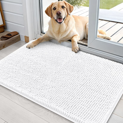 Picture of OLANLY Dog Door Mat for Muddy Paws 36x24, Absorbs Moisture and Dirt, Absorbent Non-Slip Washable Mat, Quick Dry Chenille, Mud Mat for Dogs, Entry Indoor Door Mat for Inside Floor, White