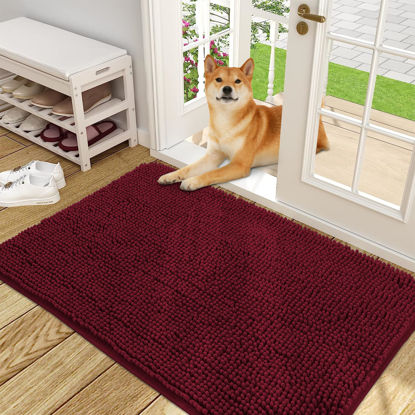 Picture of OLANLY Dog Door Mat for Muddy Paws 48x30, Absorbs Moisture and Dirt, Absorbent Non-Slip Washable Mat, Quick Dry Chenille, Mud Mat for Dogs, Entry Indoor Door Mat for Inside Floor, Burgundy