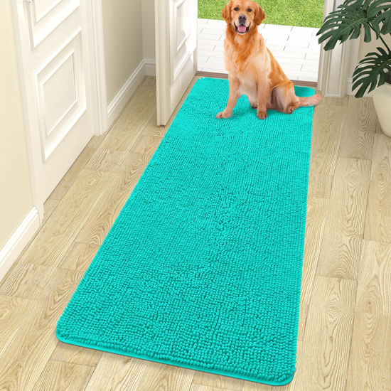 Picture of OLANLY Dog Door Mat for Muddy Paws 70x24, Absorbs Moisture and Dirt, Absorbent Non-Slip Washable Mat, Quick Dry Chenille, Mud Mat for Dogs, Entry Indoor Door Mat for Inside Floor, Teal
