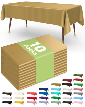 Picture of Pureegg Plastic Table Cloth Disposable 10 Pack, 54 x 108 Inch Table Cloths for Parties, Decorative Tablecloths for Rectangle Tables, Blue Plastic Table Cover, Leakproof & Sturdy, Gold
