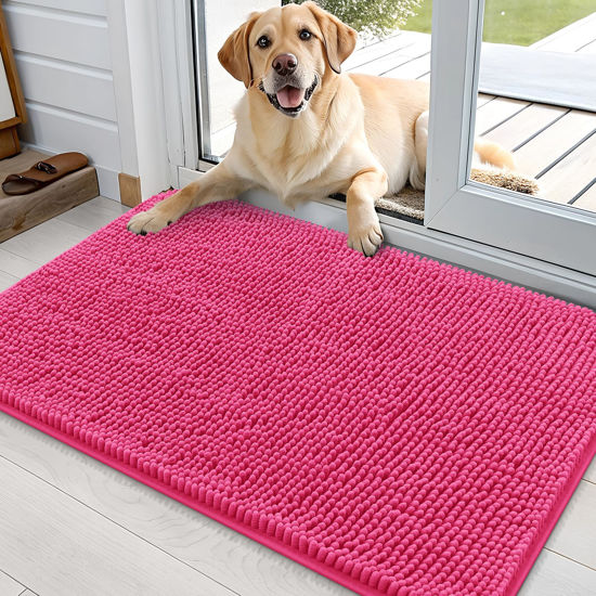 Picture of OLANLY Dog Door Mat for Muddy Paws 36x24, Absorbs Moisture and Dirt, Absorbent Non-Slip Washable Mat, Quick Dry Chenille, Mud Mat for Dogs, Entry Indoor Door Mat for Inside Floor, Hot Pink