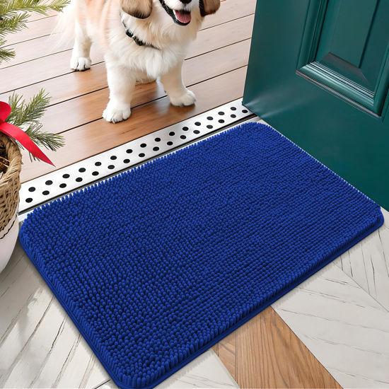Picture of OLANLY Dog Door Mat for Muddy Paws 24x16, Absorbs Moisture and Dirt, Absorbent Non-Slip Washable Mat, Quick Dry Chenille, Mud Mat for Dogs, Entry Indoor Door Mat for Inside Floor, Royal Blue