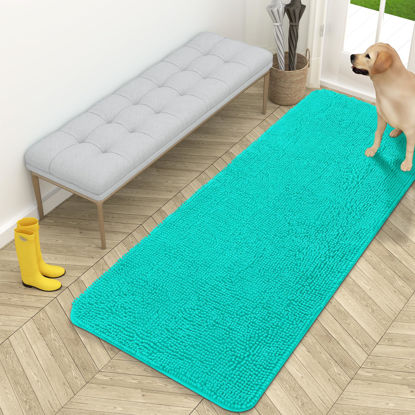 Picture of OLANLY Dog Door Mat for Muddy Paws 59x24, Absorbs Moisture and Dirt, Absorbent Non-Slip Washable Mat, Quick Dry Chenille, Mud Mat for Dogs, Entry Indoor Door Mat for Inside Floor, Teal