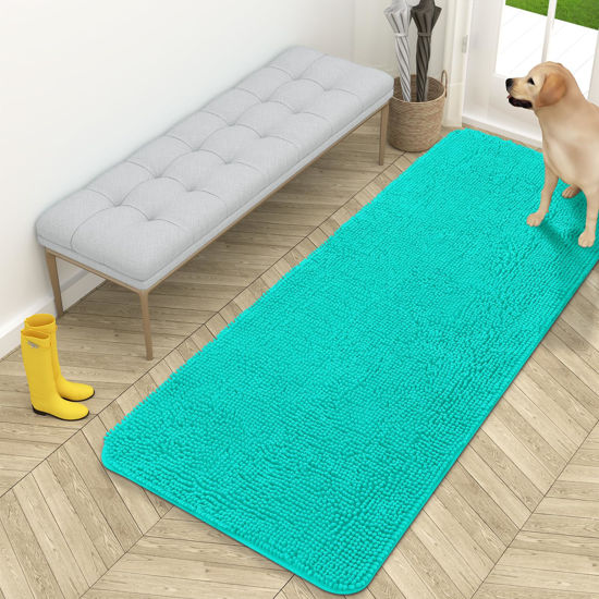 Picture of OLANLY Dog Door Mat for Muddy Paws 59x24, Absorbs Moisture and Dirt, Absorbent Non-Slip Washable Mat, Quick Dry Chenille, Mud Mat for Dogs, Entry Indoor Door Mat for Inside Floor, Teal