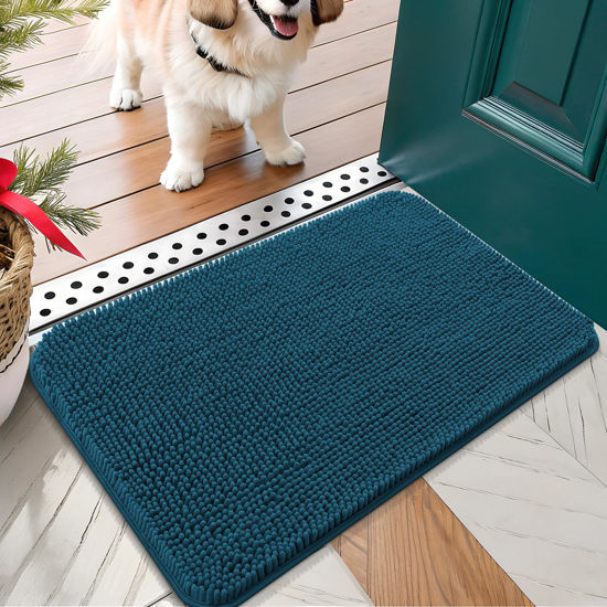 Picture of OLANLY Dog Door Mat for Muddy Paws 24x16, Absorbs Moisture and Dirt, Absorbent Non-Slip Washable Mat, Quick Dry Chenille, Mud Mat for Dogs, Entry Indoor Door Mat for Inside Floor, Atlantic Blue