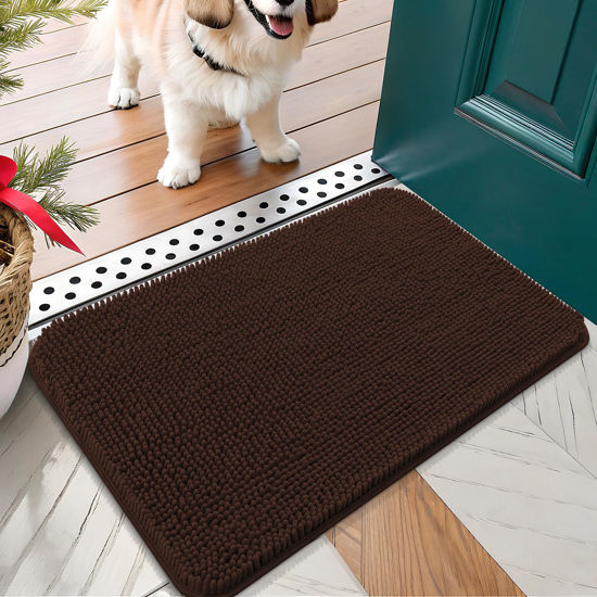 Picture of OLANLY Dog Door Mat for Muddy Paws 24x16, Absorbs Moisture and Dirt, Absorbent Non-Slip Washable Mat, Quick Dry Chenille, Mud Mat for Dogs, Entry Indoor Door Mat for Inside Floor, Brown