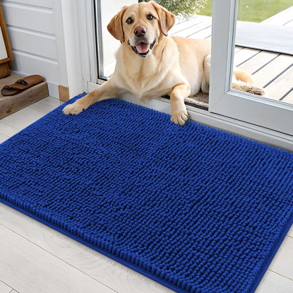 Picture of OLANLY Dog Door Mat for Muddy Paws 36x24, Absorbs Moisture and Dirt, Absorbent Non-Slip Washable Mat, Quick Dry Chenille, Mud Mat for Dogs, Entry Indoor Door Mat for Inside Floor, Royal Blue