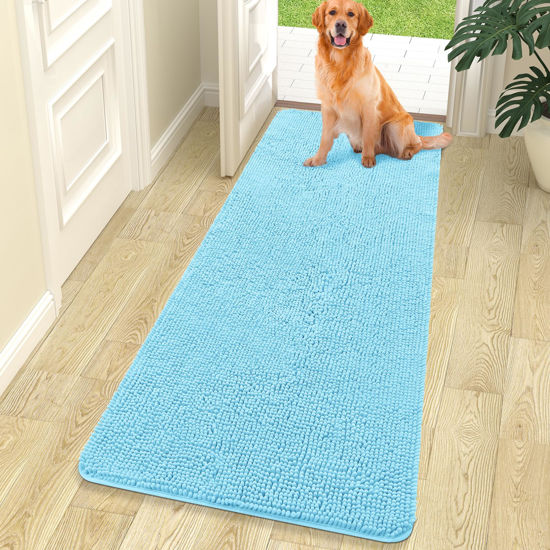 Picture of OLANLY Dog Door Mat for Muddy Paws 70x24, Absorbs Moisture and Dirt, Absorbent Non-Slip Washable Mat, Quick Dry Chenille, Mud Mat for Dogs, Entry Indoor Door Mat for Inside Floor, Blue