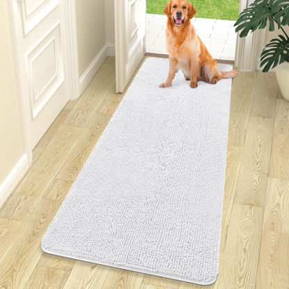 Picture of OLANLY Dog Door Mat for Muddy Paws 70x24, Absorbs Moisture and Dirt, Absorbent Non-Slip Washable Mat, Quick Dry Chenille, Mud Mat for Dogs, Entry Indoor Door Mat for Inside Floor, White