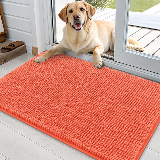 Picture of OLANLY Dog Door Mat for Muddy Paws 36x24, Absorbs Moisture and Dirt, Absorbent Non-Slip Washable Mat, Quick Dry Chenille, Mud Mat for Dogs, Entry Indoor Door Mat for Inside Floor, Coral