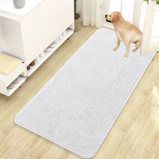 Picture of OLANLY Dog Door Mat for Muddy Paws 47x24, Absorbs Moisture and Dirt, Absorbent Non-Slip Washable Mat, Quick Dry Chenille, Mud Mat for Dogs, Entry Indoor Door Mat for Inside Floor, White